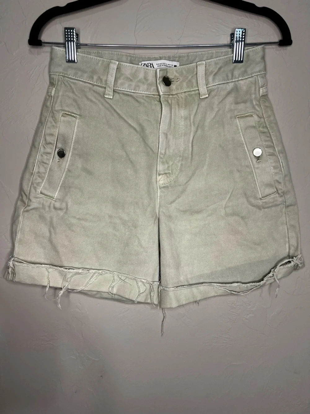 Zara‎ Ultra High-Rise Light Green Utility Denim Shorts